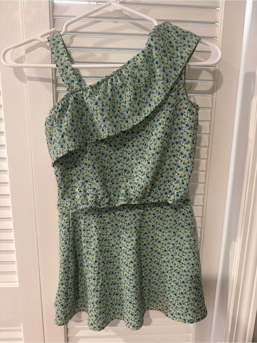 Speechless Light Green One-Shoulder Floral Dress with Blue Accents